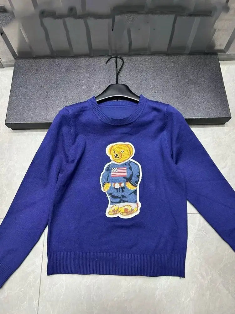 High Street Luxury French Ladies Embroidery Bear Knitted Pullover Sweater For Women Fashion Casual Knitwear Tops Pull Femme