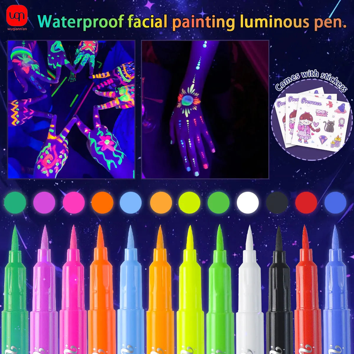 WQN 12pcs Multicolor Fluorescent Body Painting Pens, Lightweight and Portable, for Music Festival Painting and Graffiti Supplies