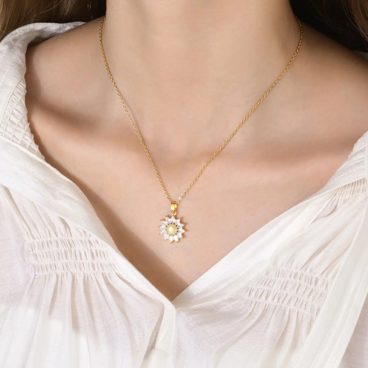 Stainless Steel Spiral Sun Flower Pendant Necklace for Women 18K Gold Plated Stackable Boho Necklace Waterproof Fashion Jewelry