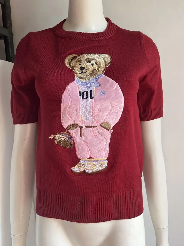 European Style Luxury Brand Loose O-Neck Bear Pullover Tops Knitwear Woman Short Sleeve T-shirt Ladies Wool Knitted Sweater