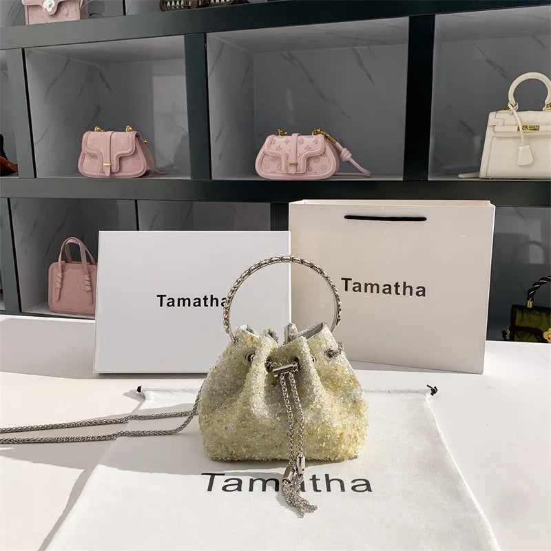 Luxury Designer Colorful Stones Evening Clutch Bag Wedding Party Bucket Purse Metal Handle Women Handbag Shoulder Messenger Bag