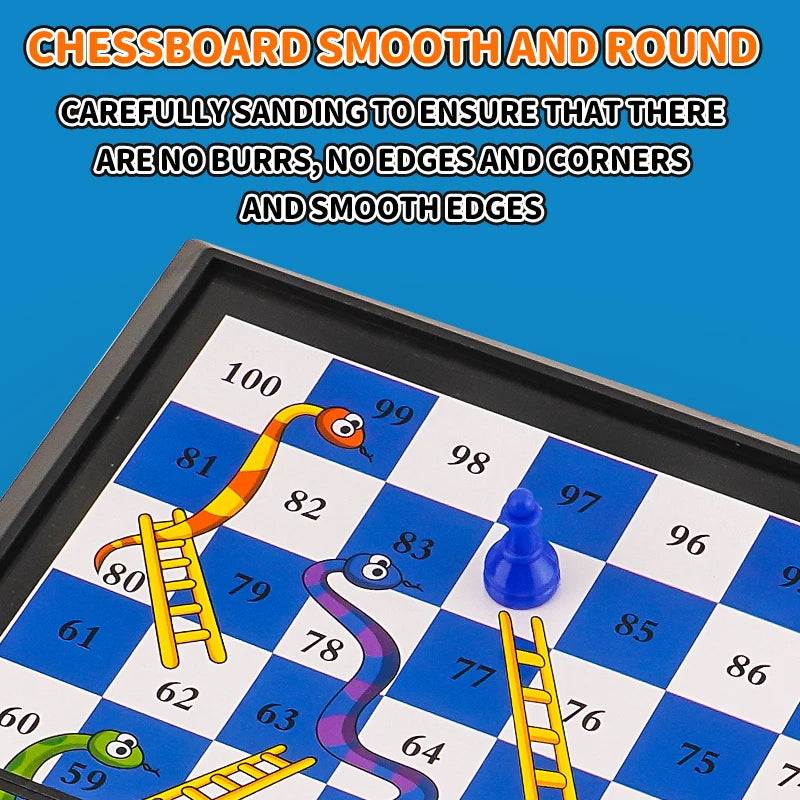 International Snakes and Ladders Parent-Child Board Game Toy - Magnetic-Free Foldable Board with Storage for Game Pieces