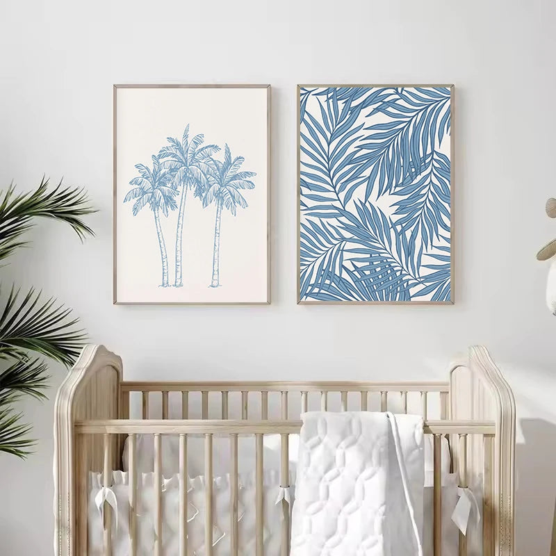 Retro Trendy Abstract Beach Coastal Blue Seashell Palm Tree Bikini Poster Canvas Painting Wall Art Pictures Home Bathroom Decor