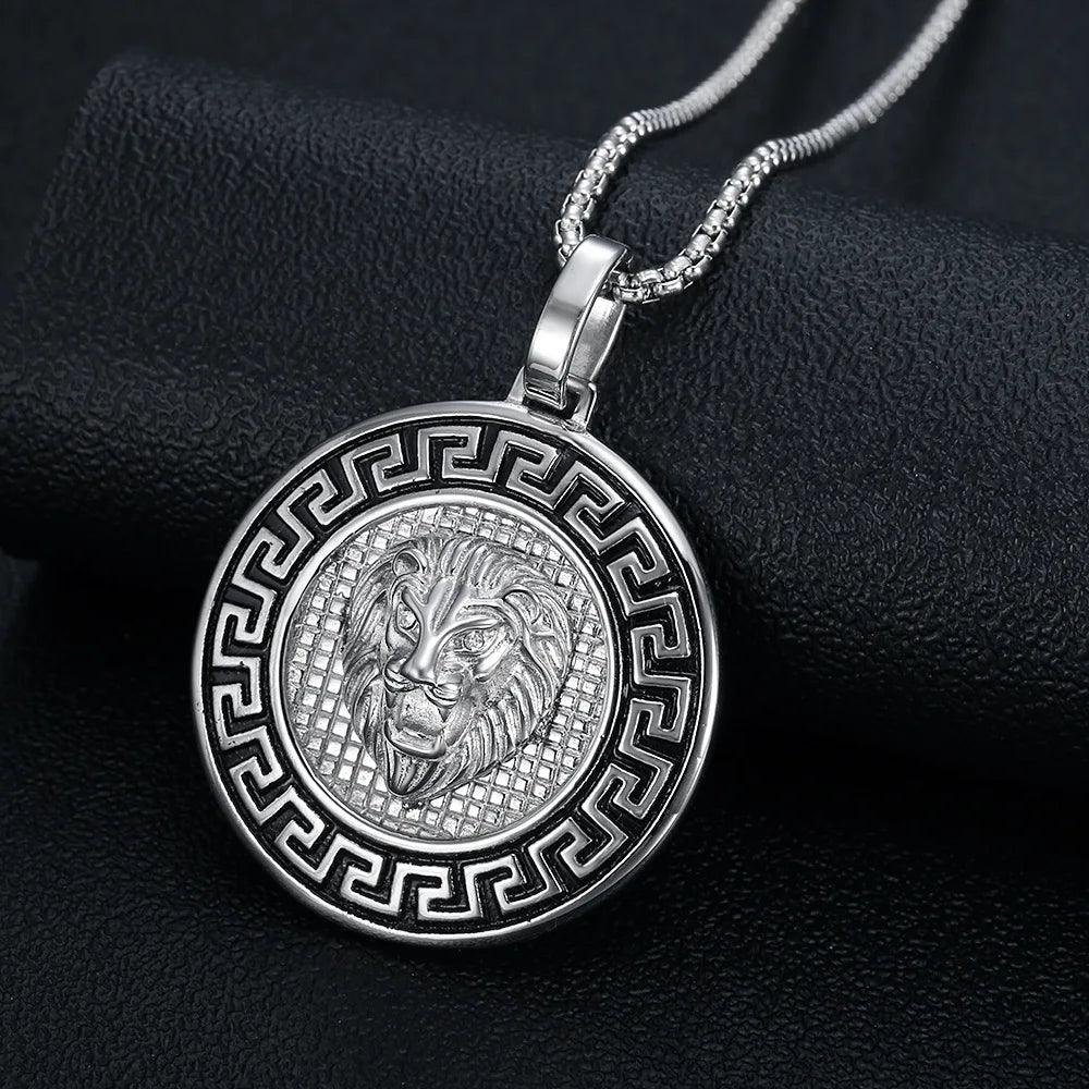 Necklace Stainless Steel Gold-plated Round Features Lion Head Pendant Great Wall New Trendy Gift Hip-hop Men's Fine Accessories