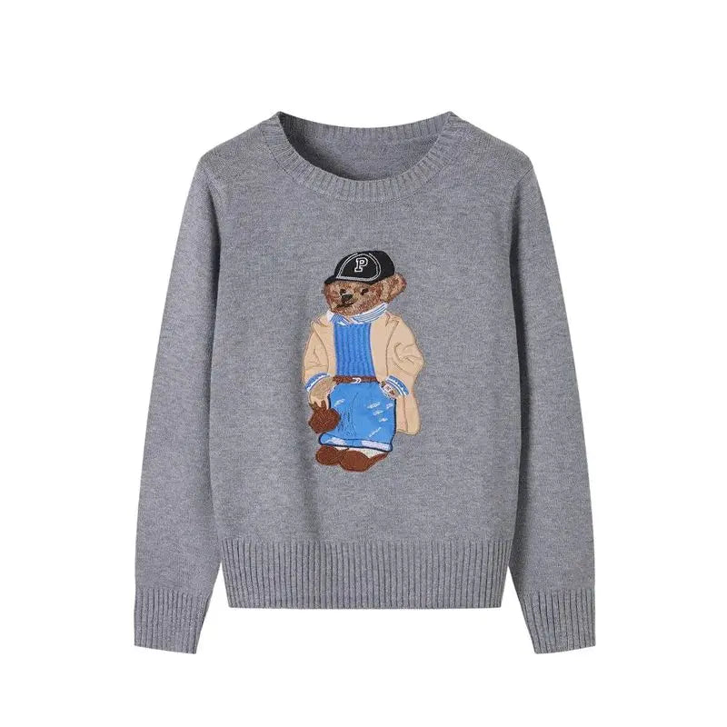 European Style Luxury Brand Loose O-Neck Bear Pullover Tops Knitwear Woman Short Sleeve T-shirt Ladies Wool Knitted Sweater