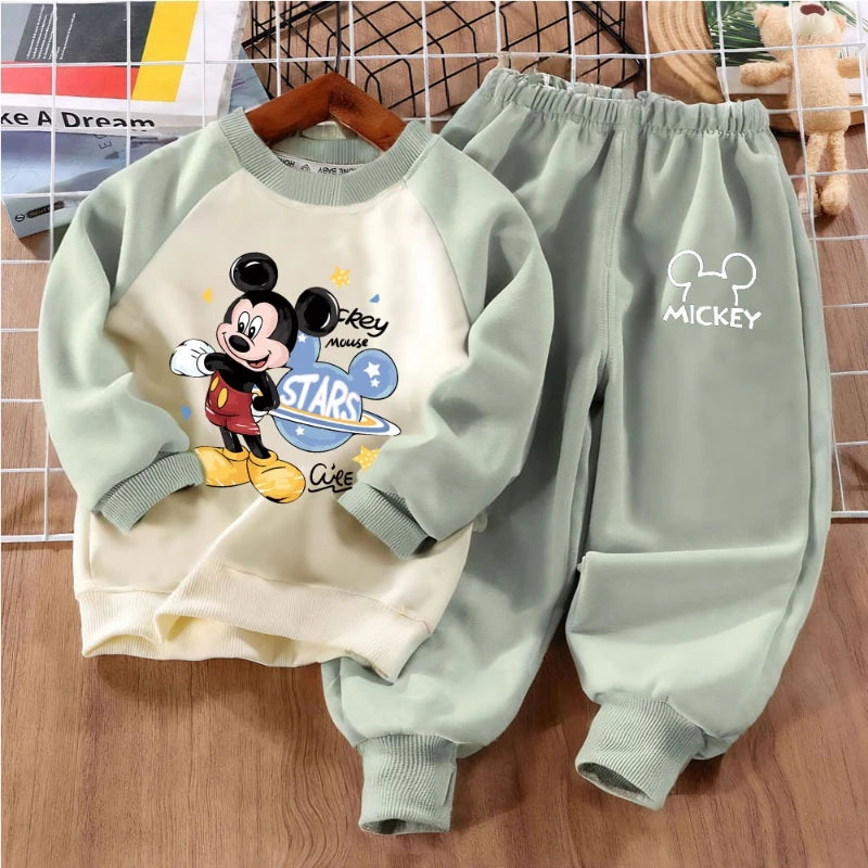 DISNEY Mickey Print Boys Spliced Sweatshirt 2-piece Sets Kids O Neck Hoodies and Trouser 2pcs Set Kids Sport Clothes Suit Autumn