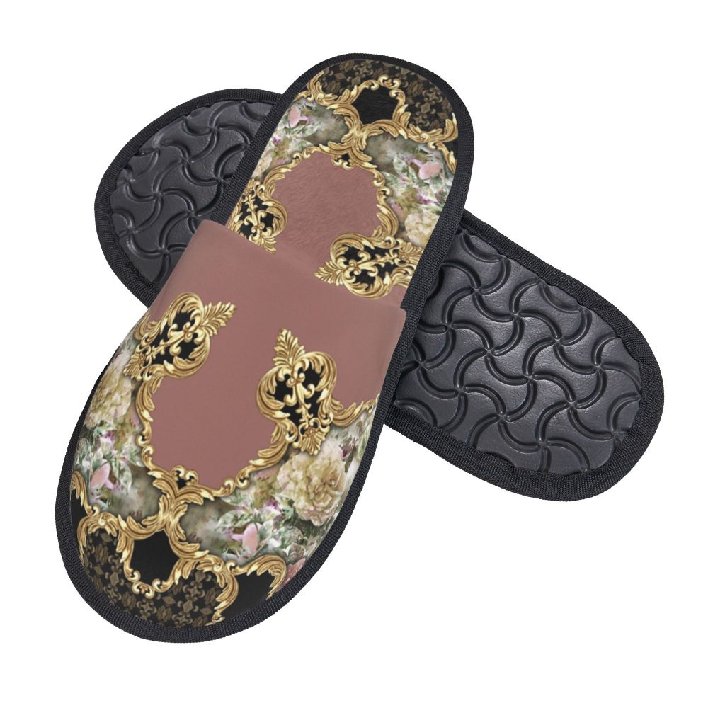 Custom Vintage Baroque Prints Greek Ornament Golden Meander Meandros Soft Scuff Memory Foam Slippers Women Hotel House Shoes