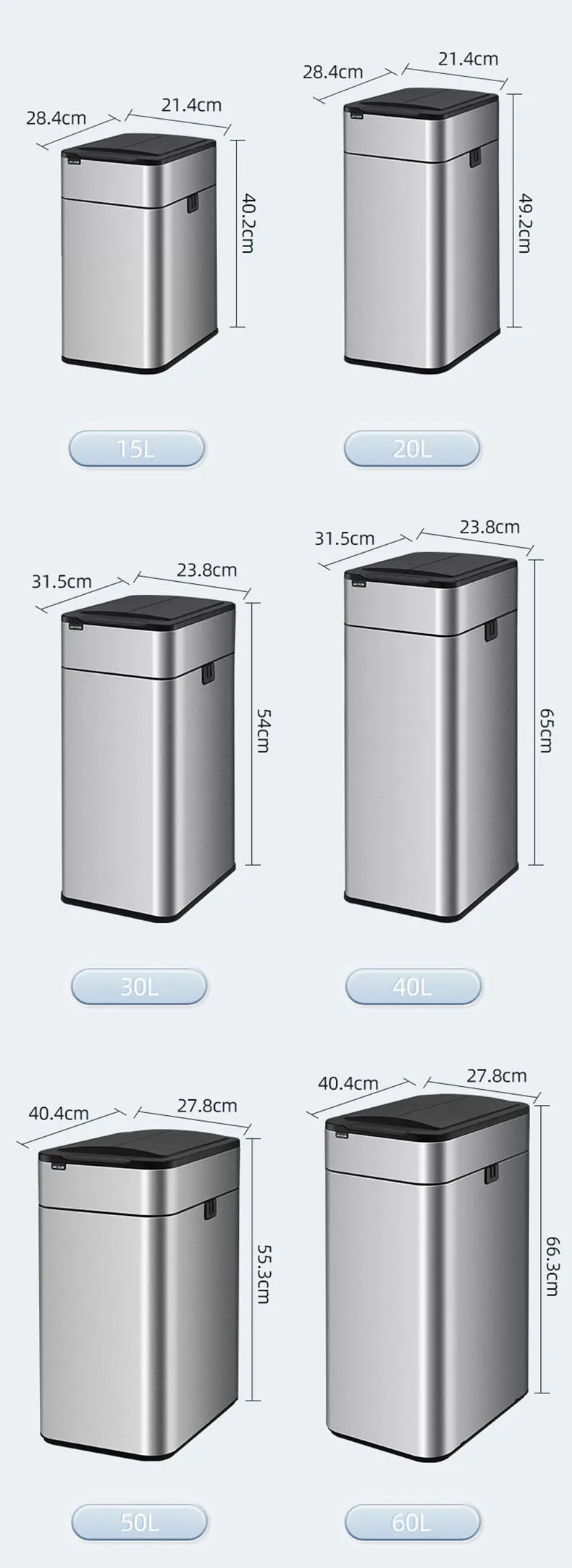 Smart Trash Can 15L 20L 30L 40L 50L 60L Stainless Steel Waste bin High Trash Cans Garbage Bin for Kitchen Trash Can Wastebasket