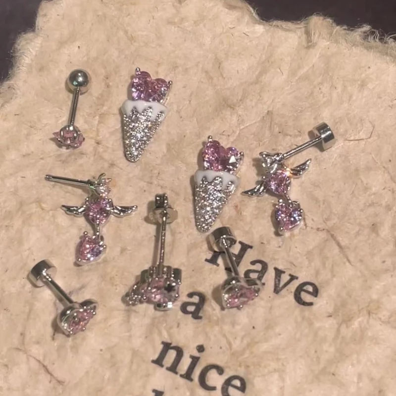1 PCS Korean Style Cute Pink Zircon Crystal Ear Bone Nail 316L Stainless Steel Kpop Earrings for Women Cartilage Jewelry Gift