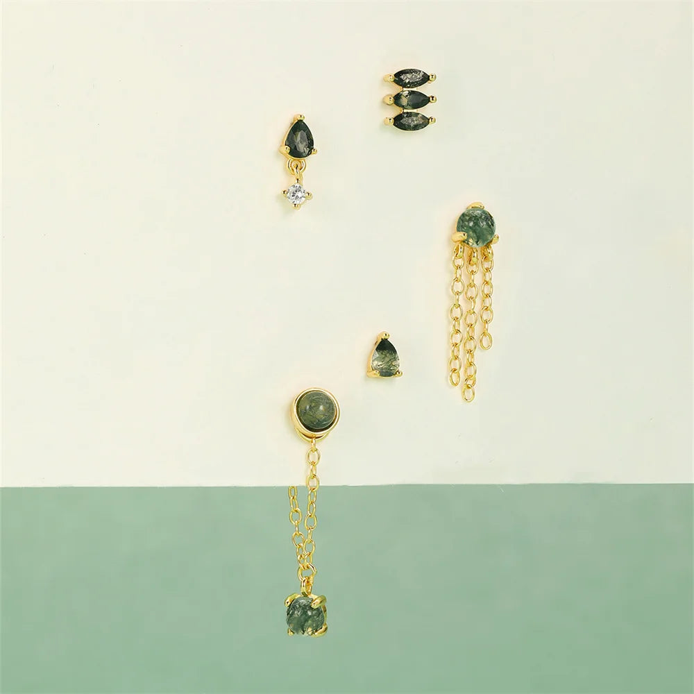 AIDE Water Grass Agate 925 Sterling Silver Flat Head Thread Piercing Earring Green Moss Piercing Ear Bone Earring Jewelry 1pc