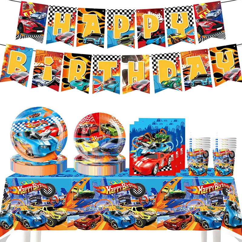 Happy Wheels Birthday Birthday Party Supplies Hot Race Car Theme Tableware Set Cups Plates Balloons Gift Bags for Kids Boys ﻿