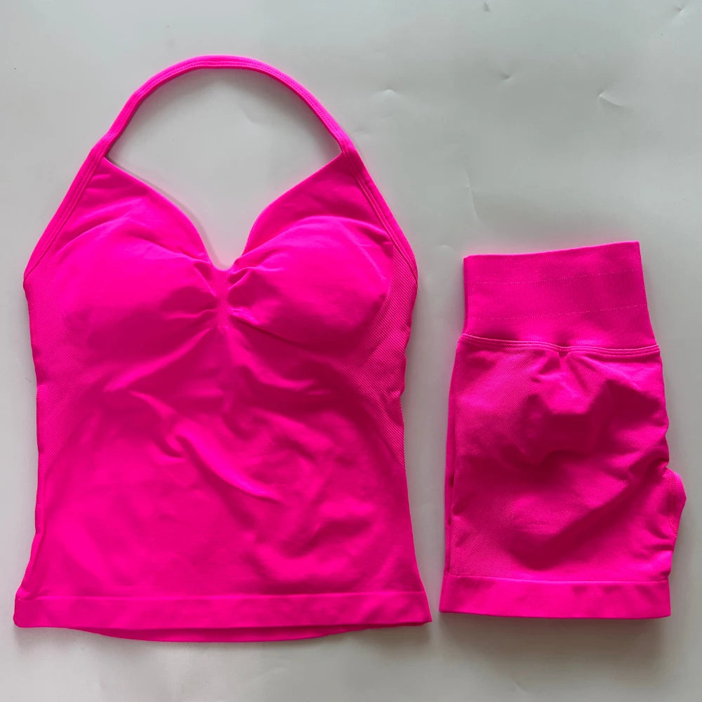 2Pcs Gym Set Women Backless Tank Tops High Waist Scrunch Seamless Shorts