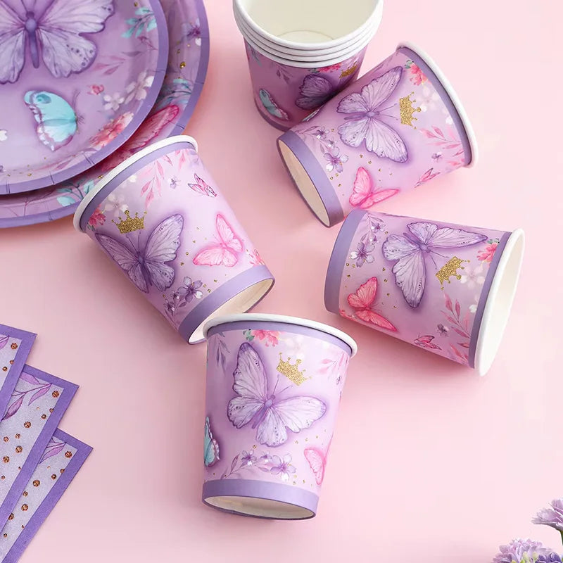 Purple Butterfly Party Decoration Disposable Paper Plates Napkins Cups Straw Tableware Set for Butterfly Birthday Party