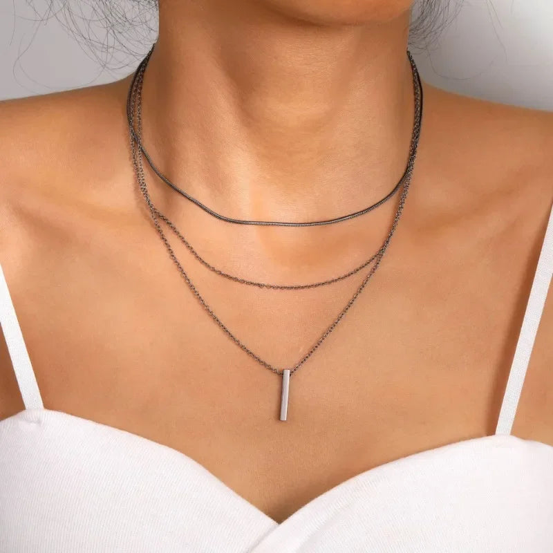 925 Sterling Silver Three-Layer Stacking Necklace Women Simple Strip Pendant Waterproof Hypoallergenic Collarbone Chain Jewelry