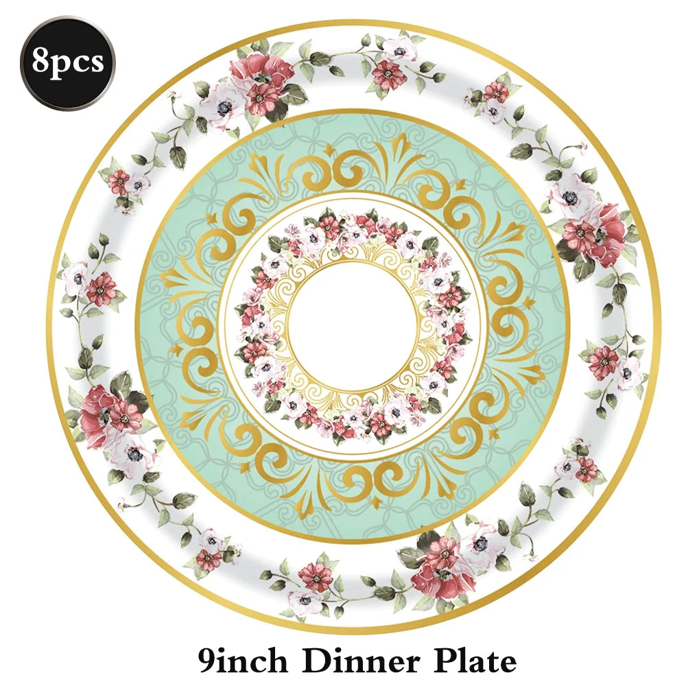 Tea Party Tableware Flower Paper Plate Napkin Cup Girl Birthday Tea Party Pink And Green Flower Decoration Disposable Tableware
