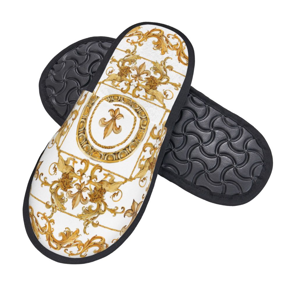 Custom Vintage Baroque Prints Greek Ornament Golden Meander Meandros Soft Scuff Memory Foam Slippers Women Hotel House Shoes
