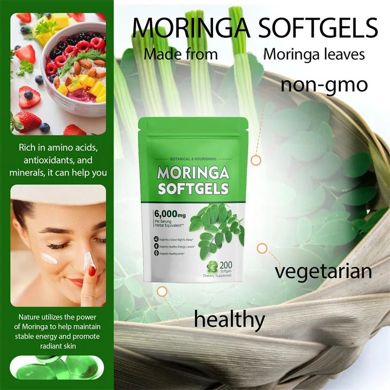 200 Capsules Pure Moringa Oleifera Leaf Powder Supplement Energy, Metabolism, & Immune Support and Skin Beauty