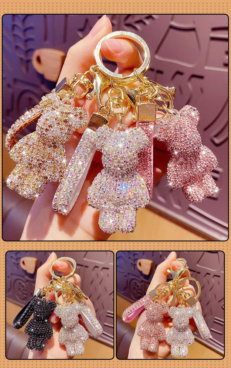 Cute Rhinestones Tassel Bear Keychain Couple Keychain Girl Decoration Small Pendant Car Key Ring Student Bag Pendant