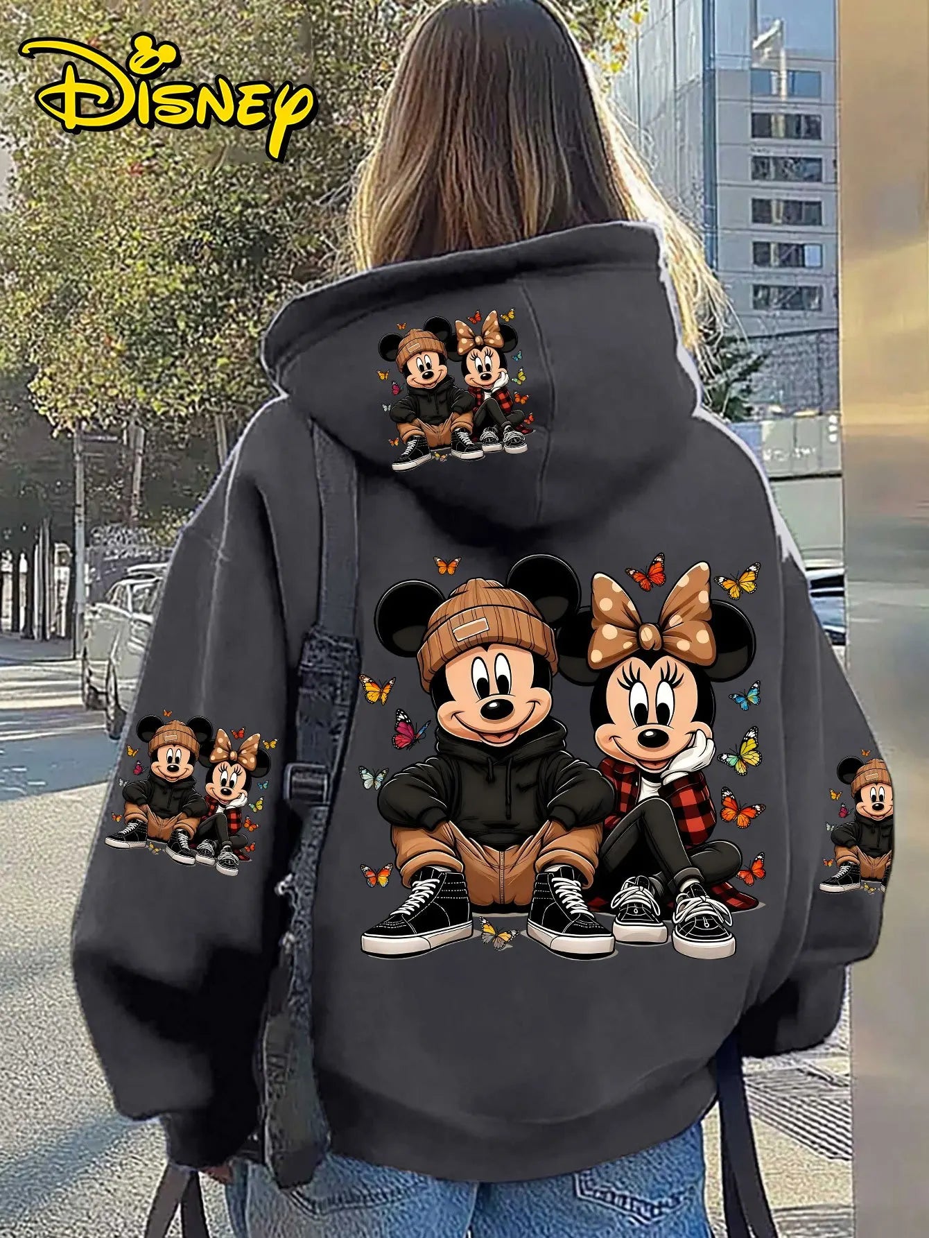 Unisex Disney Cotton Fleece Hoodie Black Color with Mickey Minnie Sitting Pose and Colorful Butterflies Back Print Loose Fit
