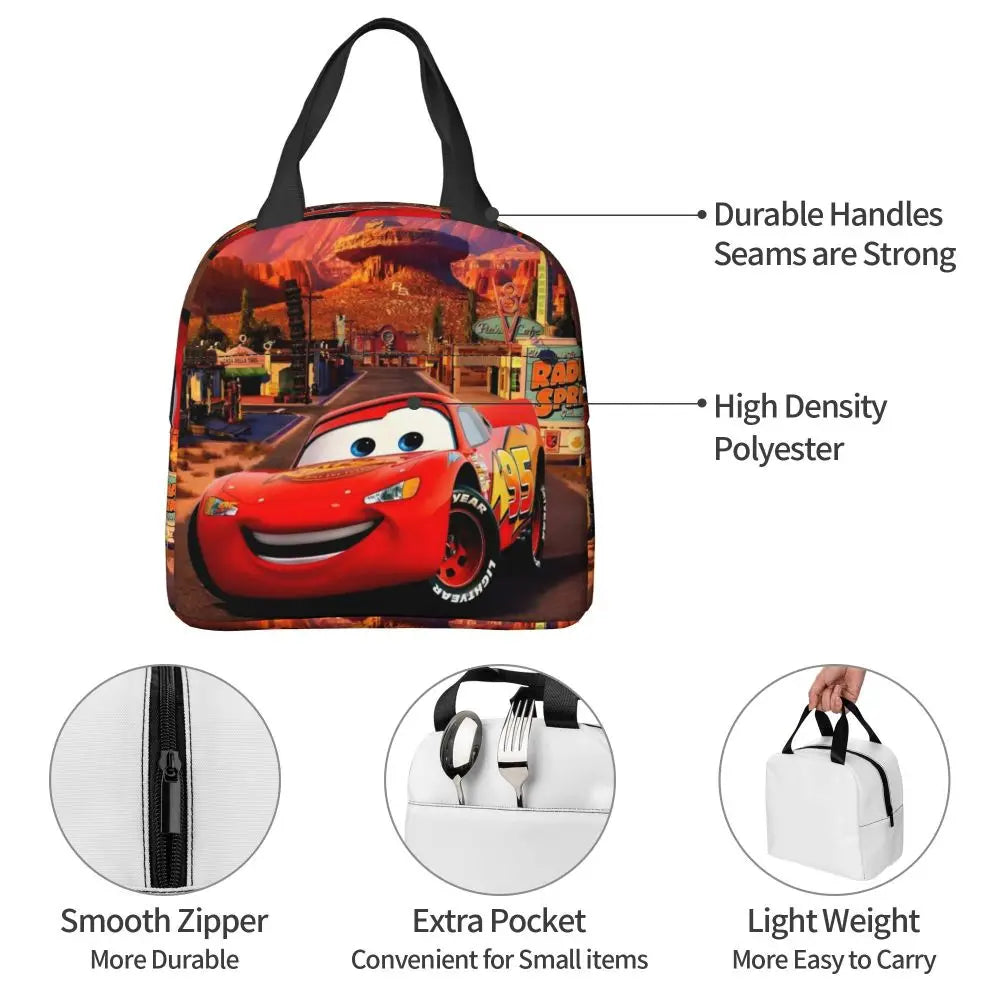 Custom Car 95 Lightning Mcqueen Insulated Lunch Bag for Women Resuable Racing Car Thermal Cooler Bento Box Office Picnic Travel