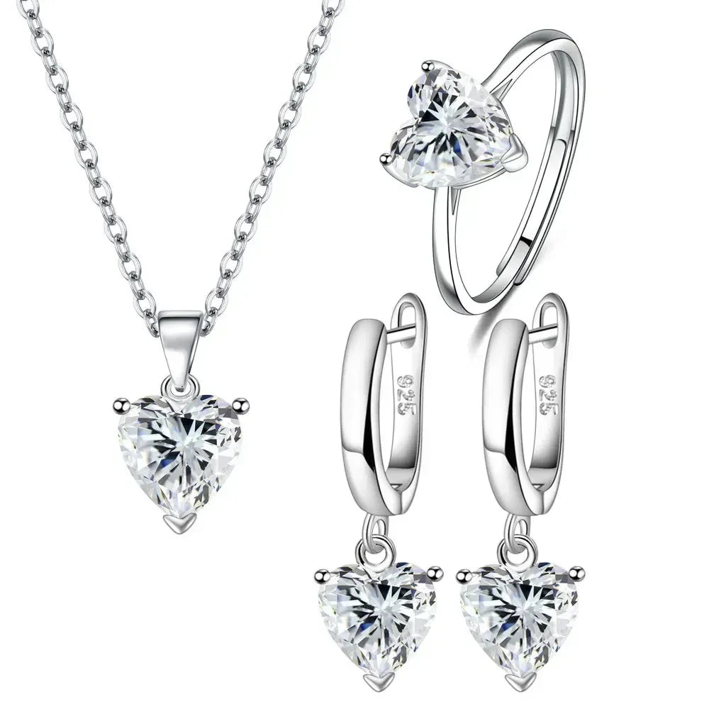 Fine 925 Sterling Silver Color Jewelry Gift Sets for Women Female Romantic Heart Zircon Huggie Earrings Pendant Necklace Ring
