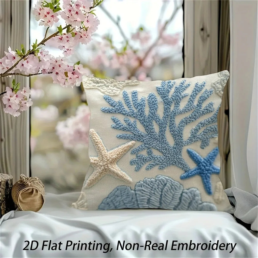 Coastal Coral Starfish Pillow Cover 2D Faux Embroidery Print Nautical Ocean Beach Cushion Case for Sofa Bed Couch Summer Home