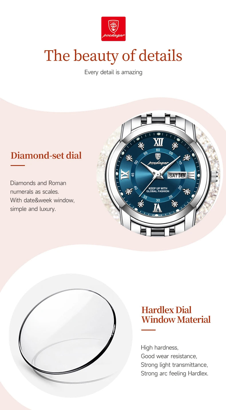 POEDAGAR Luxury Women Wristwatch Waterproof Luminous Date Week Women's Watches Stainless Steel Elegant Dress Quartz Ladies Watch