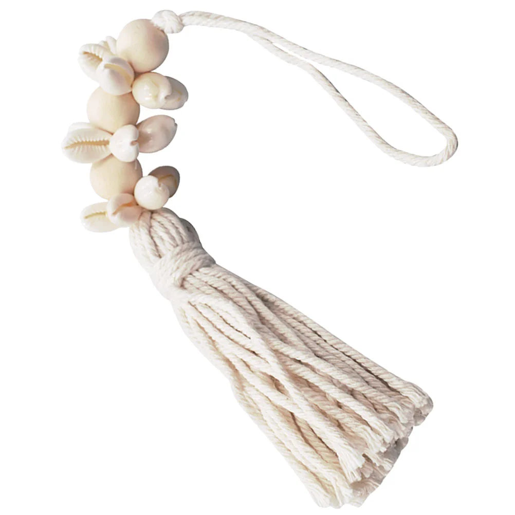 2Pcs Exquisite Boho Seashell Wood Bead String Pendant with Seashells Cotton Tassels Farmhouse Wall Hanging Decor Gifts