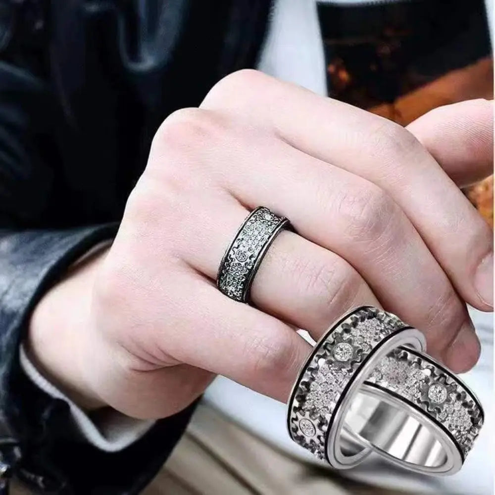Handmade Diamond Ornate Geometric 3D Band Ring Gear Spinner Rings Rotating Mechanical Decompression Anxiety Ring for Women Men