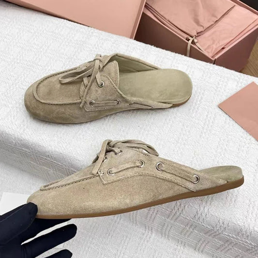 2026 New Fashion Women Slippers Leisure Slip on Summer Beach Holiday Leather Lace Up Versatile Round Toe Flat Loafers Sandals