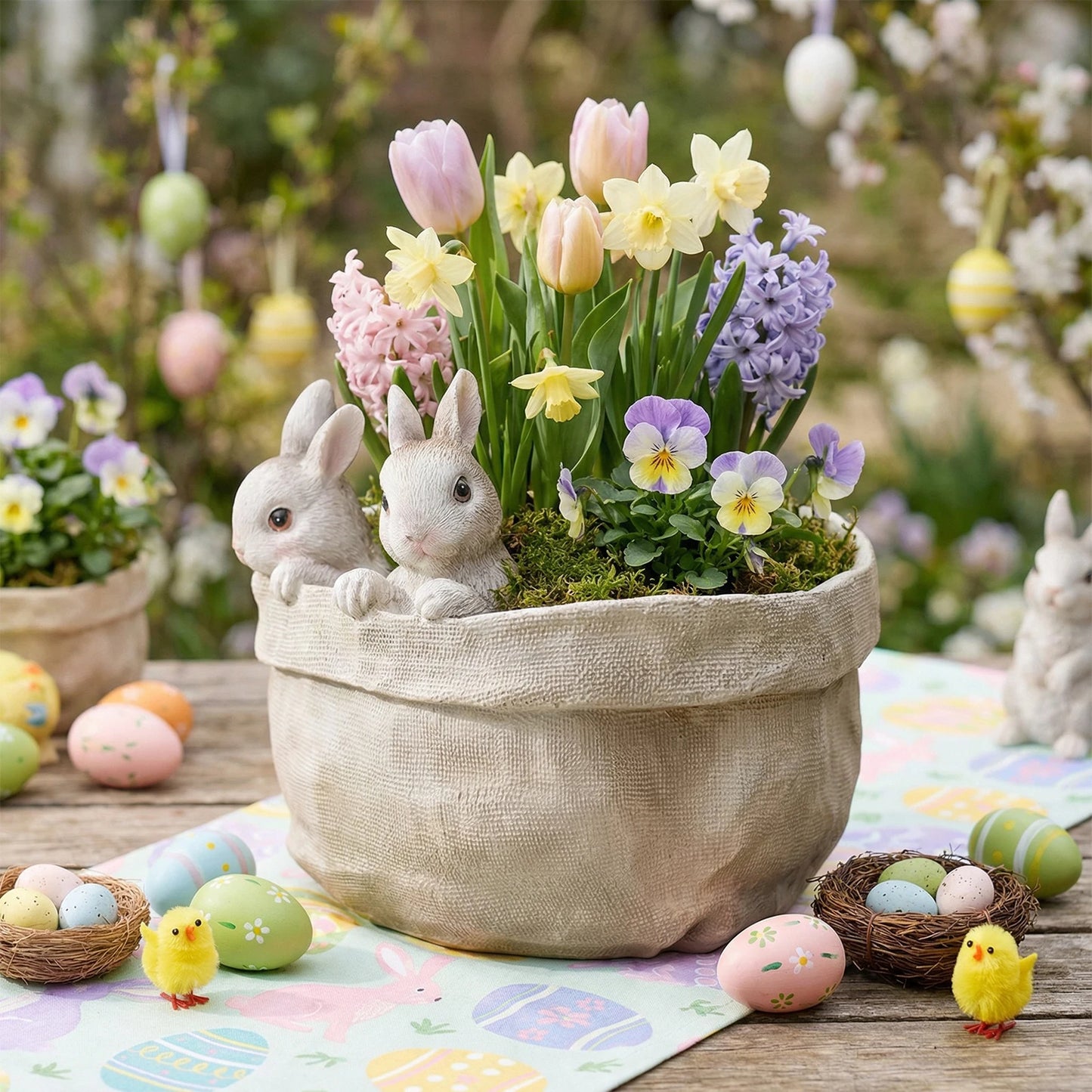 Resin Easter Bunny Planter Decorative Rabbits Flower Pots Ornament Cute Nordic Style Planter for Home Courtyard Lawn Decoration