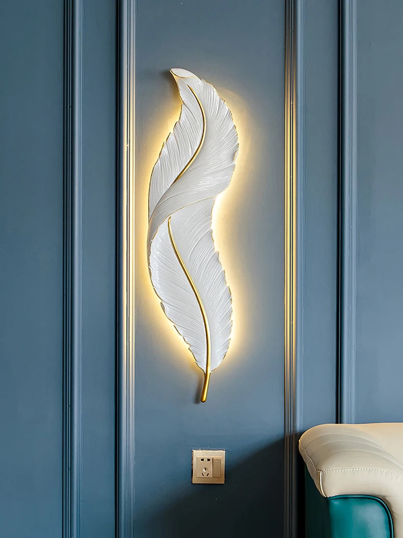 Nordic feather wall lamp, living room, bedroom, headboard, foyer, creative feather lamp, resin aisle, minimalist background ligh
