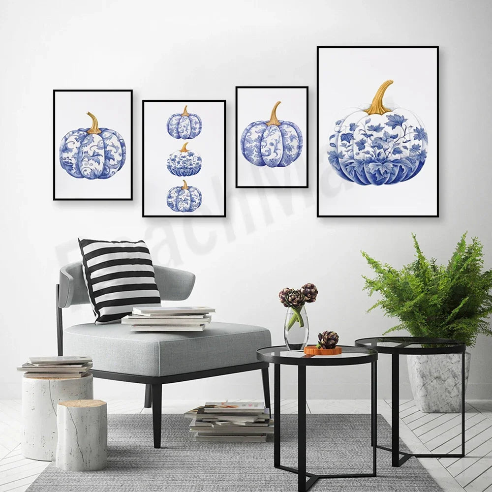 Chinoiserie Pumpkin Art, Hamptons Style Fall Aesthetic Fall Painting, Blue and White Porcelain Wall Art Canvas Print Poster