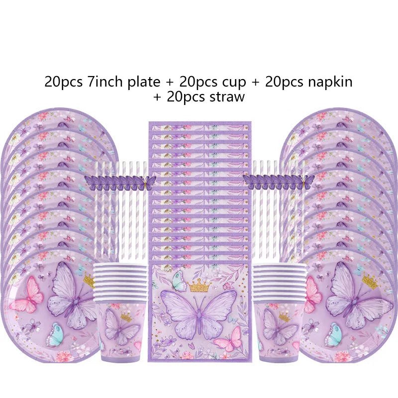 Purple Butterfly Party Decoration Disposable Paper Plates Napkins Cups Straw Tableware Set for Butterfly Birthday Party