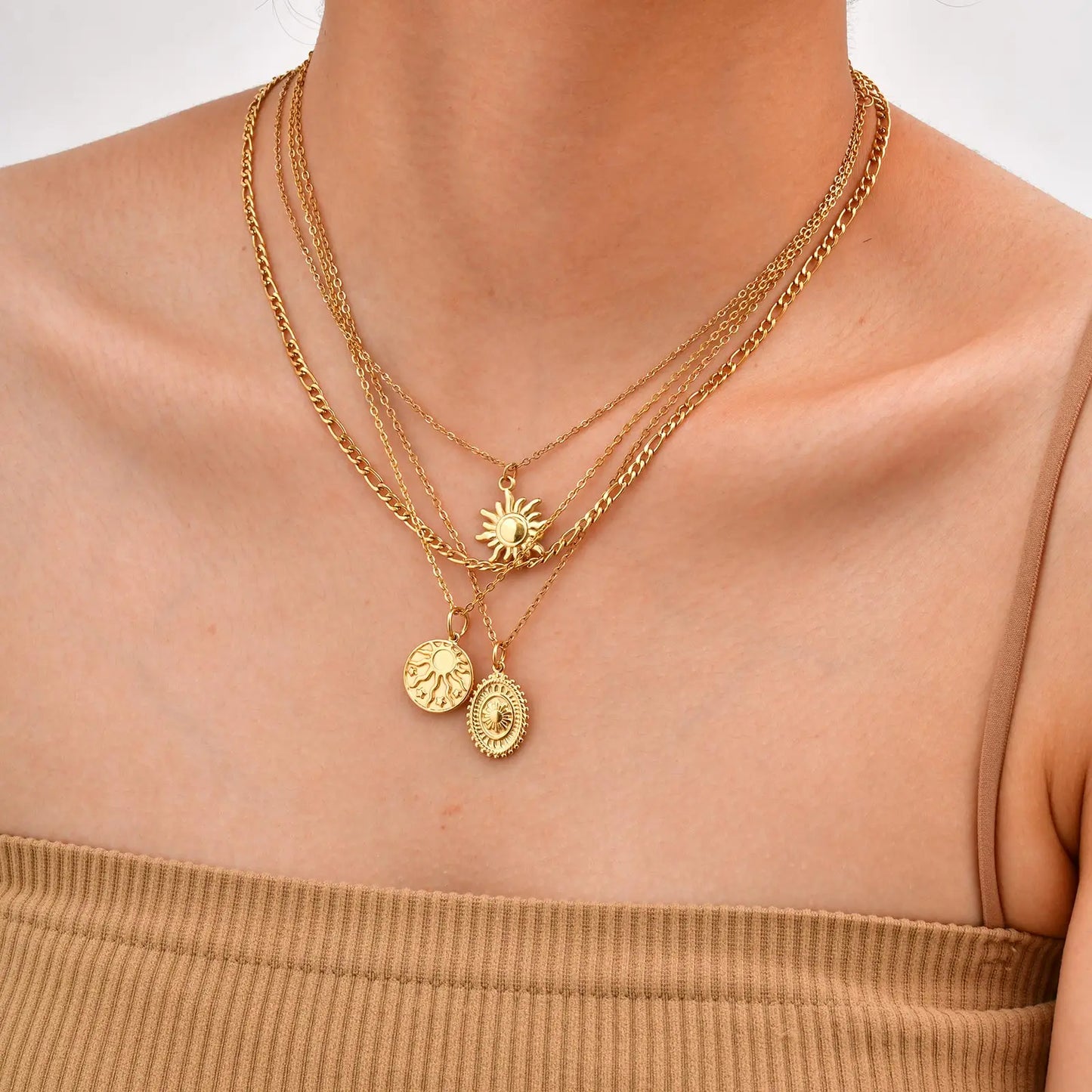 Stainless Steel Spiral Sun Flower Pendant Necklace for Women 18K Gold Plated Stackable Boho Necklace Waterproof Fashion Jewelry