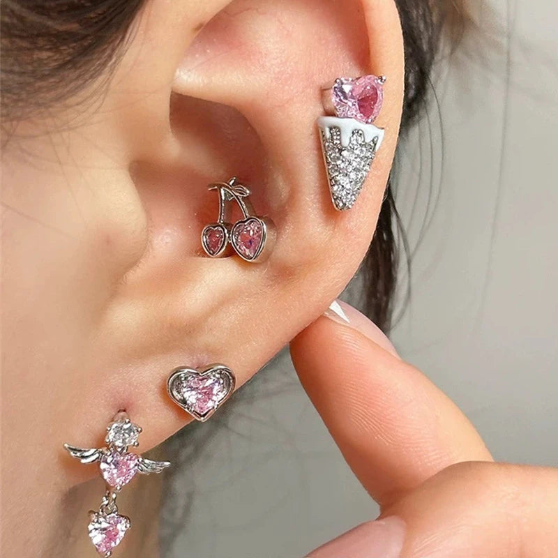 1 PCS Korean Style Cute Pink Zircon Crystal Ear Bone Nail 316L Stainless Steel Kpop Earrings for Women Cartilage Jewelry Gift