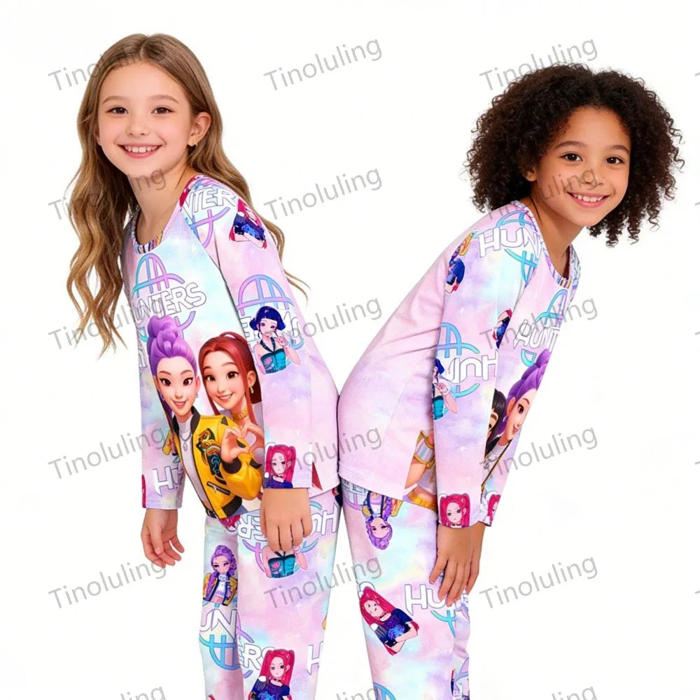 KPop Demon Hunters Huntrix Kids Pajamas Set Long Sleeve Girls Clothing 2pcs Children's Sleepwear Cartoon Boys Nightwear 3-14Y