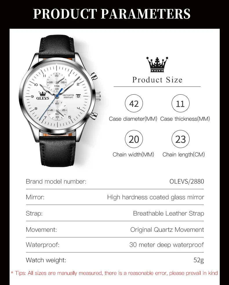 OLEVS 2880 Men Quartz Watch Business Dress Wristwatch Leather Luminous Date 30M Water Resistant Chronograph Style Dial