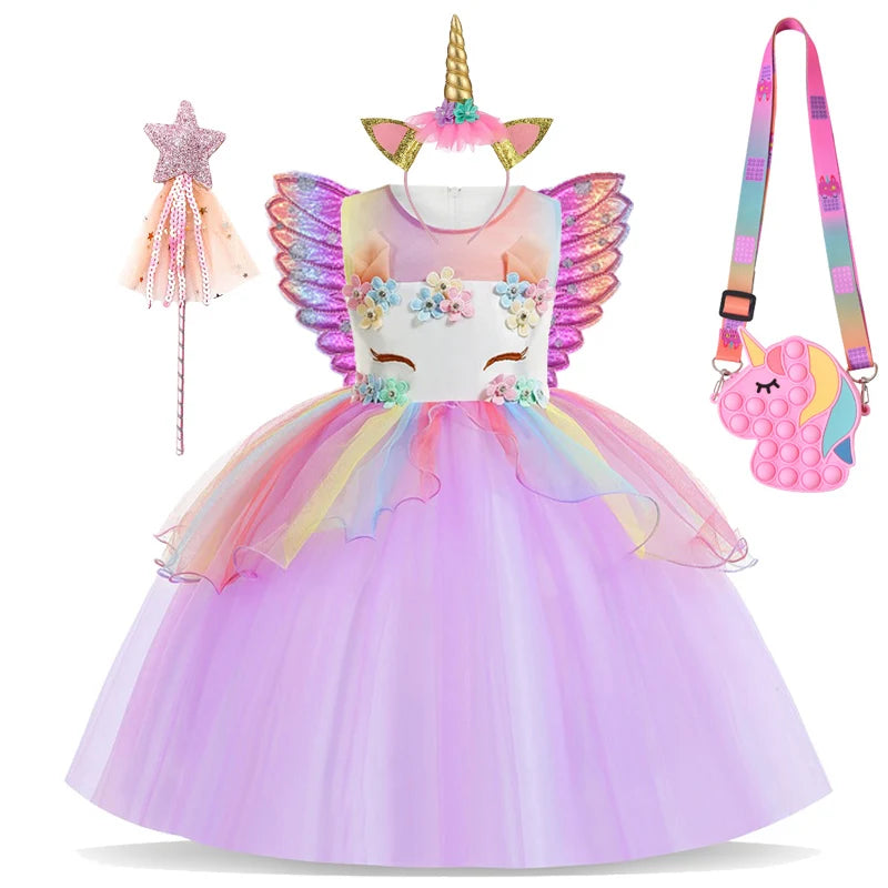 Summer Dress Girl Unicorn Cosplay Costume Children's Day Mesh Rainbow Tulle Princess Dress for Birthday Gift Kids Fashion Dress