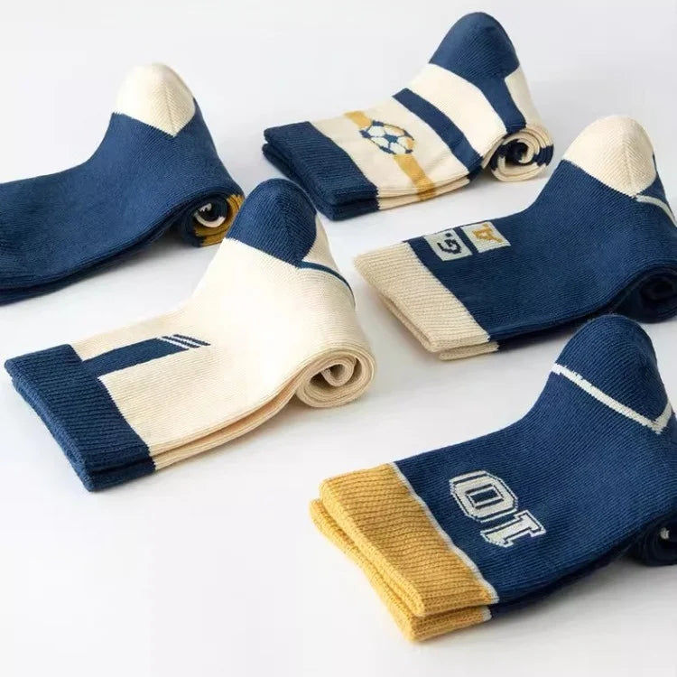 5 Pairs Children's' Socks Spring Autumn Cotton Socks Kids Striped Football Pattern Sock 1-14T Boys Mid-calf Length
