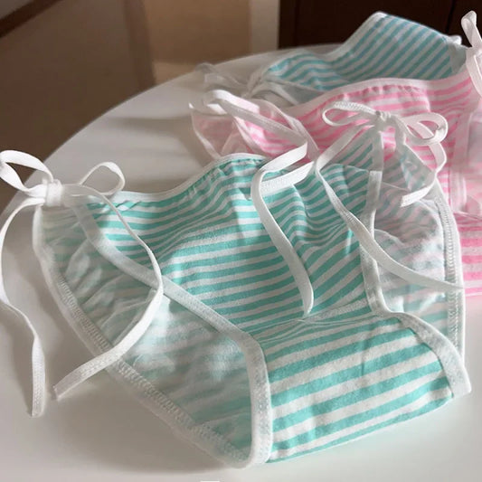 Colored Striped Cotton Lace Up Panties for Women Low Waist Sweet Girl Breathable Cute Underpants Student Comfort Briefs Lingerie
