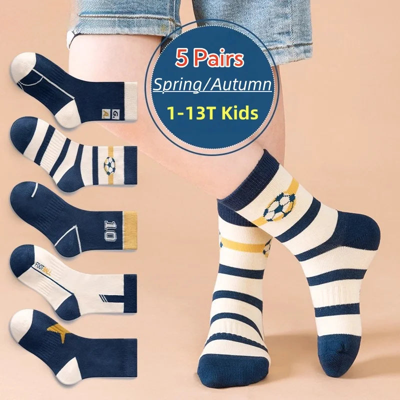 5 Pairs Children's' Socks Spring Autumn Cotton Socks Kids Striped Football Pattern Sock 1-14T Boys Mid-calf Length