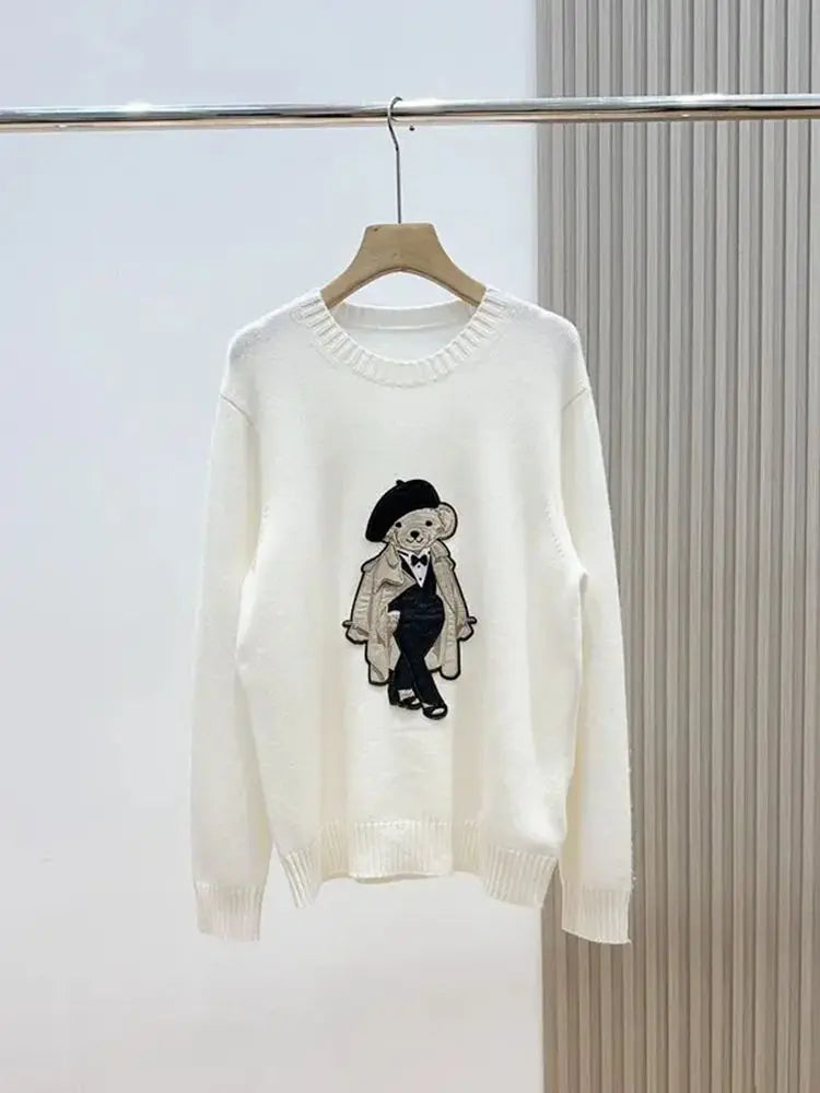High Street Luxury French Ladies Embroidery Bear Knitted Pullover Sweater For Women Fashion Casual Knitwear Tops Pull Femme