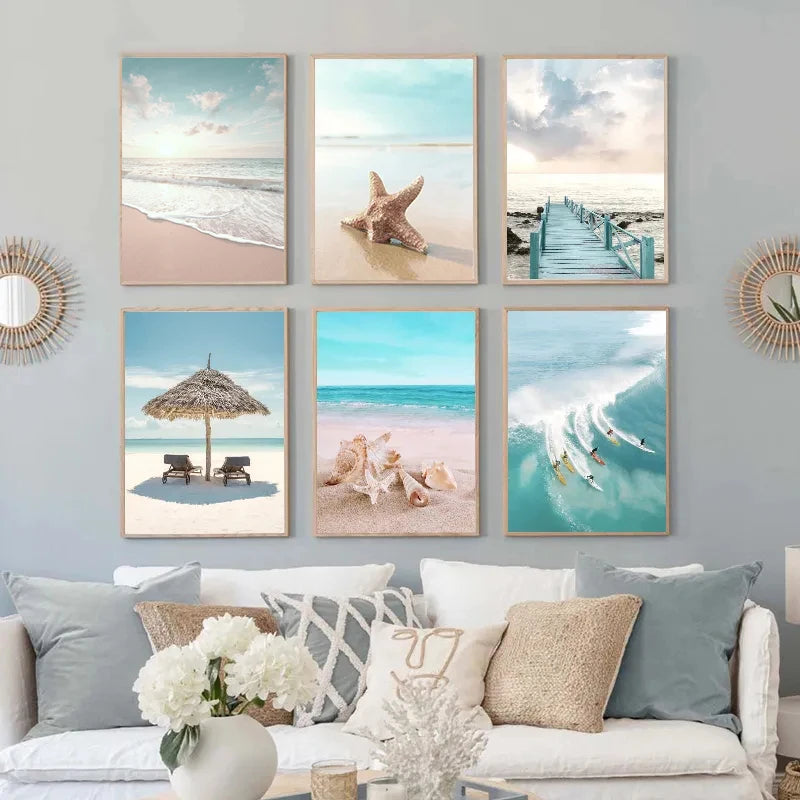 Beach Sea Ocean Canvas Wall Art Poster Bridge Leaves Turtle Seagull Print Painting Vibrant Summer Picture Nordic Home Decoration