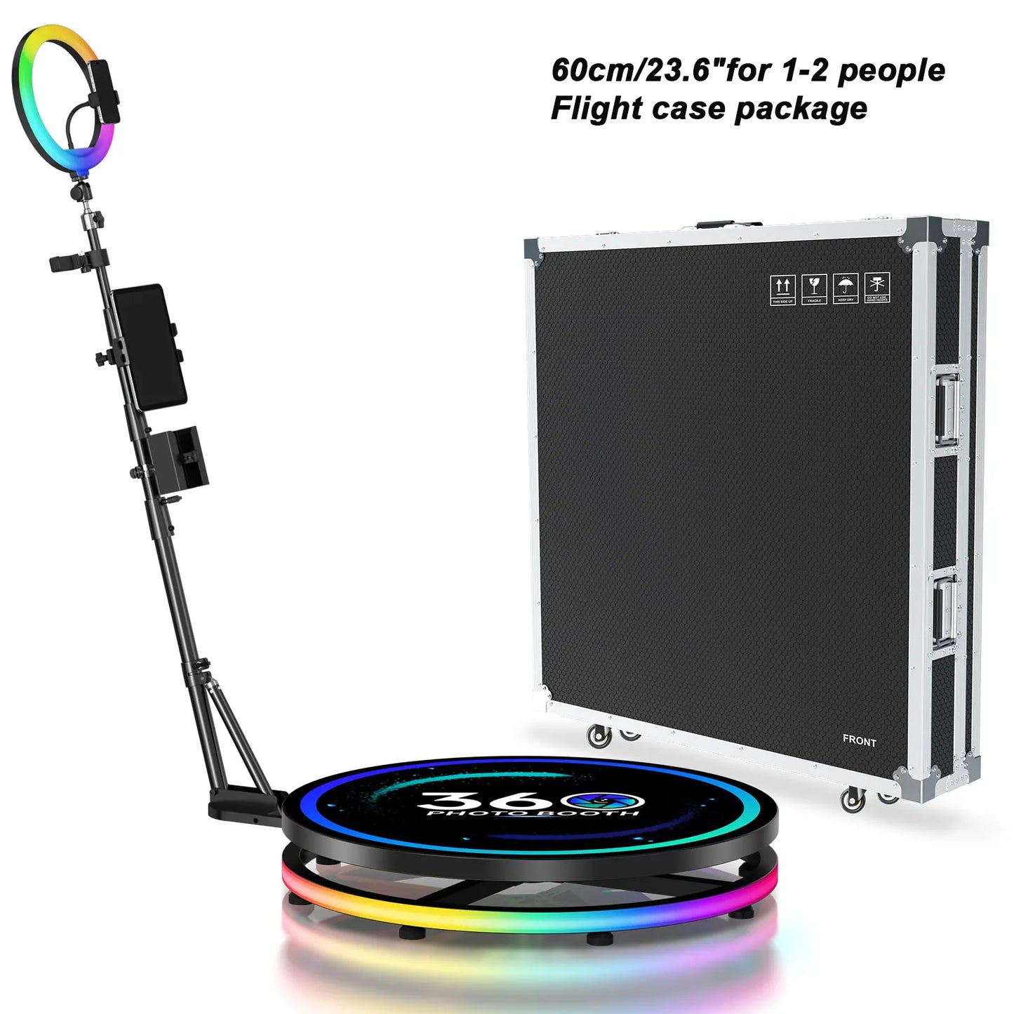 360 Photo Booth Automatic Rotating Photo Booth Machine Ring Light for Party Wedding Rental with RGB Light & Flight Case