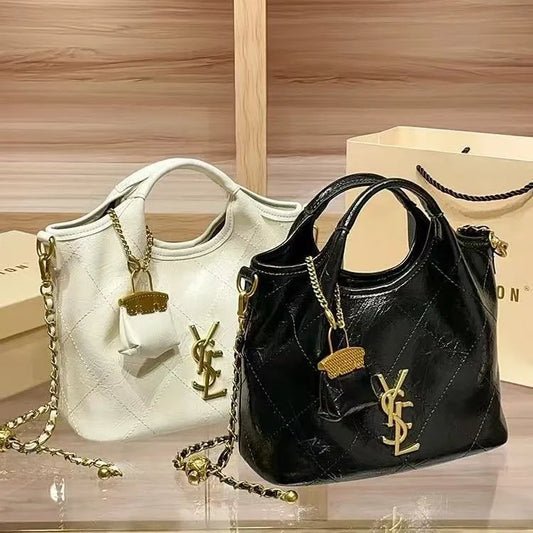 Premium handbag with diamond grid embroidery thread, large capacity vegetable basket bag, chain bar crossbody bag