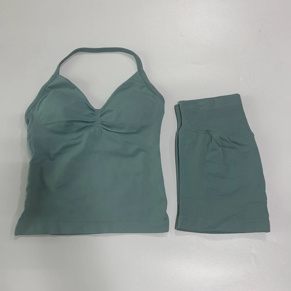 2Pcs Gym Set Women Backless Tank Tops High Waist Scrunch Seamless Shorts