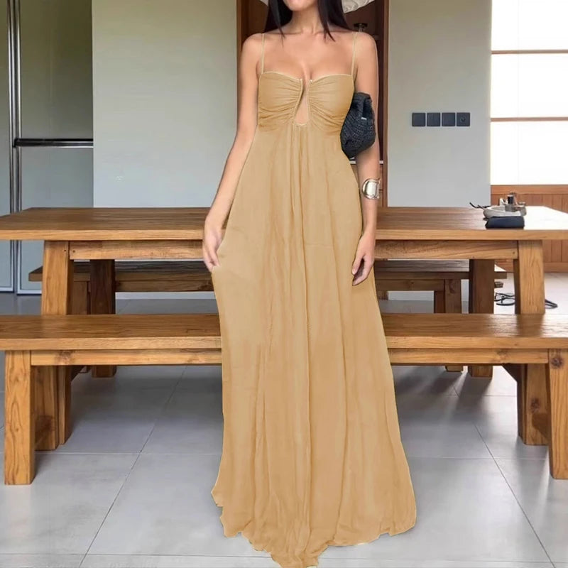 2025 Summer New Solid Pleat Evening Dress Leisure Sleeveless Backless Big Hem Dress Sexy Suspender U Design Vacation Long Dress