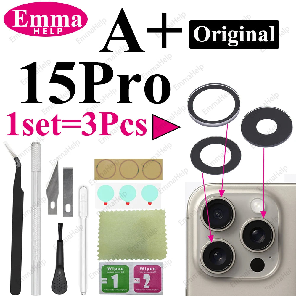 1Set Original Sapphire Rear Camera Glass Replacement for iPhone 16 15 14 Pro Max 12 13 Mini 15 Plus Camera Lens Repair Tool Kits