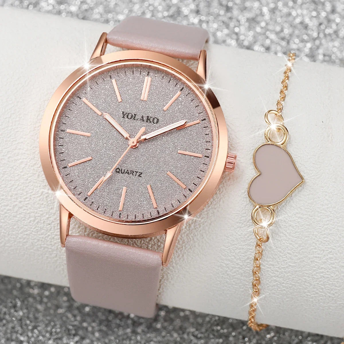2PCS/Set Fashion Women Quartz Watch Casual Leather Strap Ladies Wrist Watches Heart Bracelet Set Reloj Mujer (Without Box)